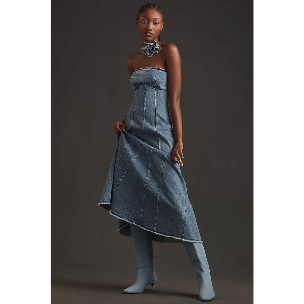 Anthropologie Strapless Denim Midi Dress in Washed Blue